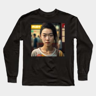 Japanese Woman Portrait in Tokyo Illustration Drawing Long Sleeve T-Shirt